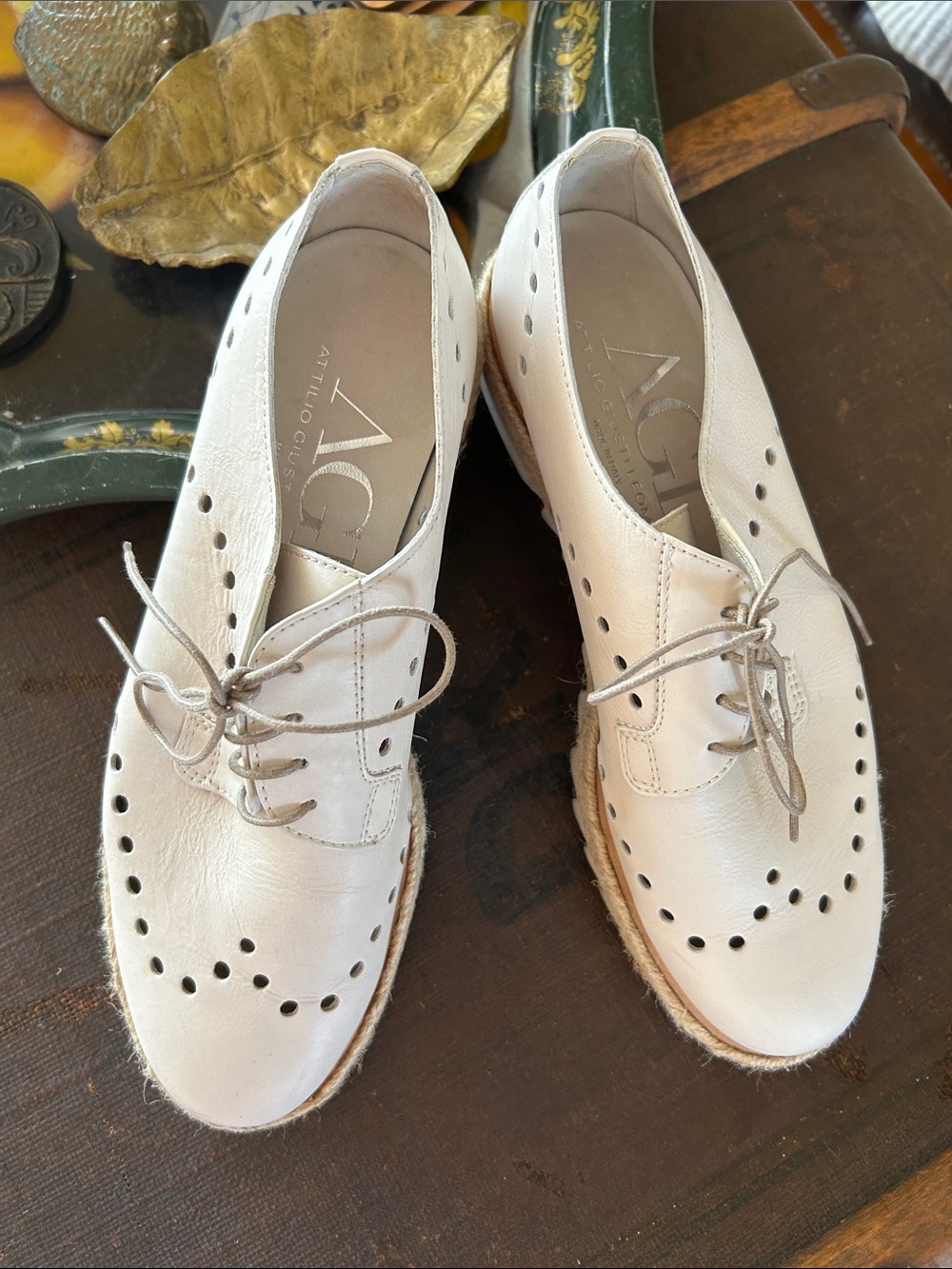 AGL Cream Leather Perforated Lace-Up Flats